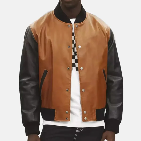 Carter Men’s Brown and Black Leather Varsity Jacket with Ribbed Cuffs
