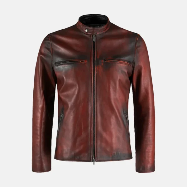 Colton Men’s Distressed Maroon Moto Cafe Racer Leather Biker Jacket | Euphoria Outfits
