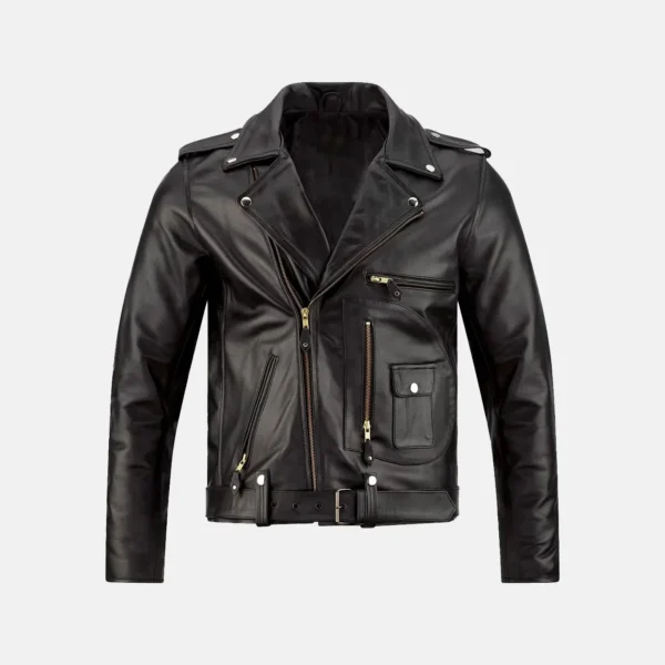 Grayson Men’s Black Biker Leather Jacket with Assymetrical Zipper
