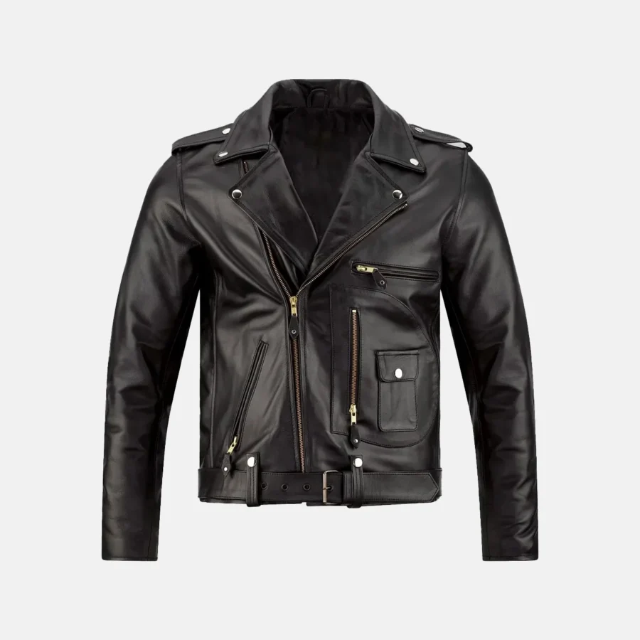 Grayson Men’s Black Biker Leather Jacket with Assymetrical Zipper
