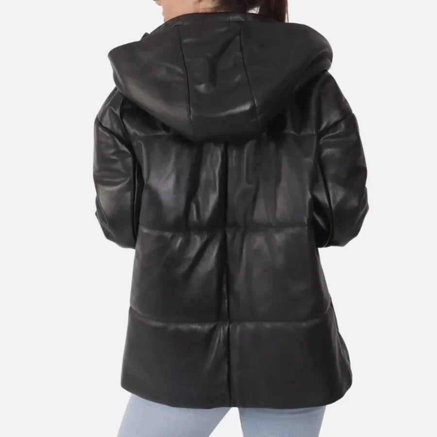 Ava Women’s Black Hooded Leather Jacket with Ribbed Cuffs