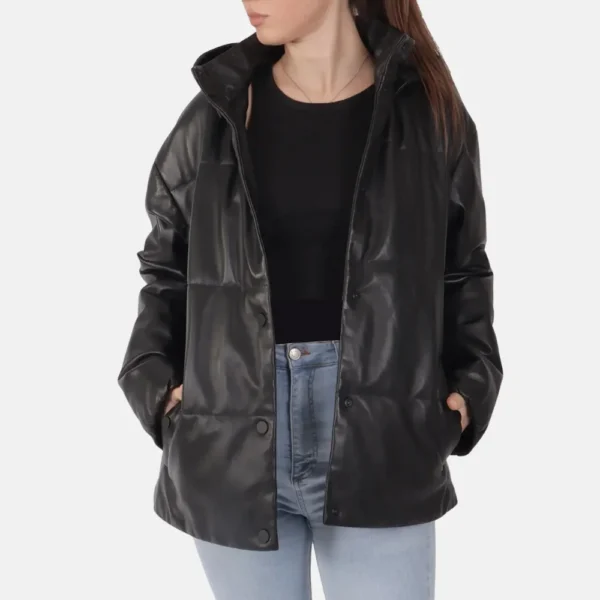 Ava Women’s Black Hooded Leather Jacket with Ribbed Cuffs