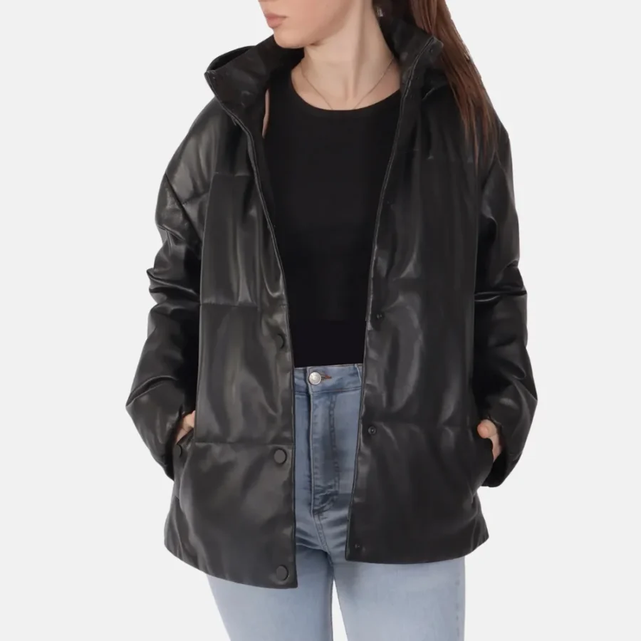 Ava Women’s Black Hooded Leather Jacket with Ribbed Cuffs