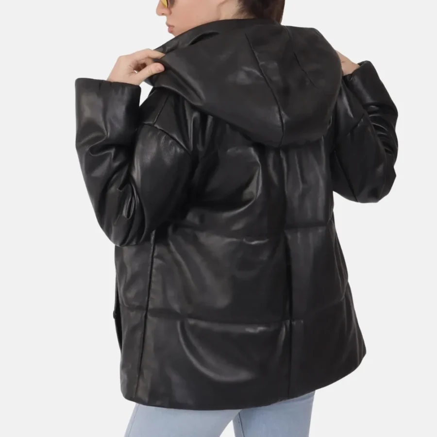 Ava Women’s Black Hooded Leather Jacket with Ribbed Cuffs