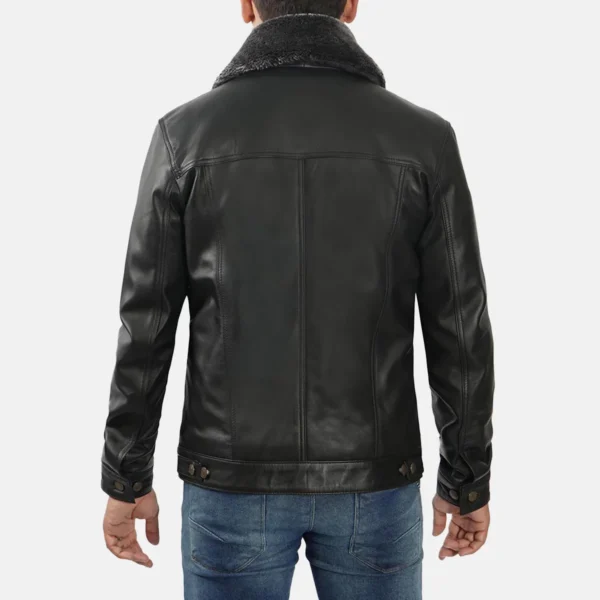 Blake Men’s Black Trucker Leather Jacket with Faux Fur Collar