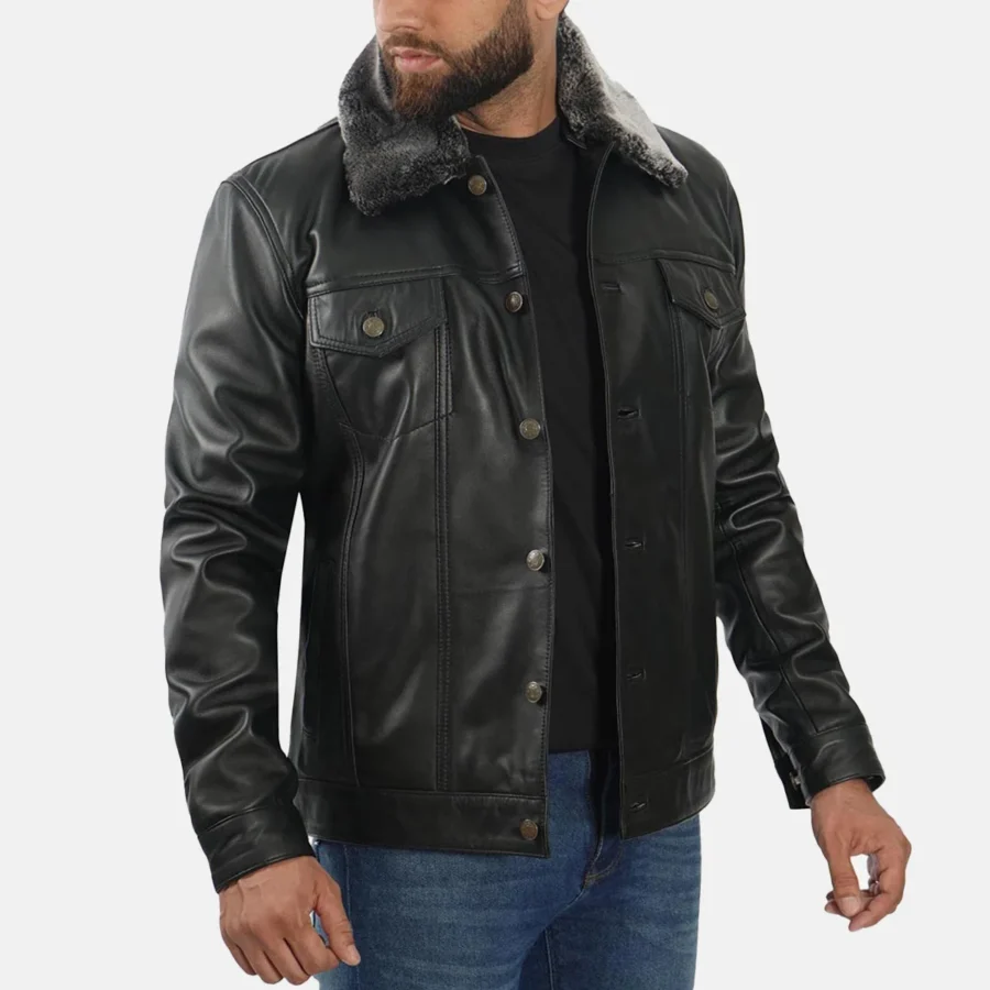 Blake Men’s Black Trucker Leather Jacket with Faux Fur Collar