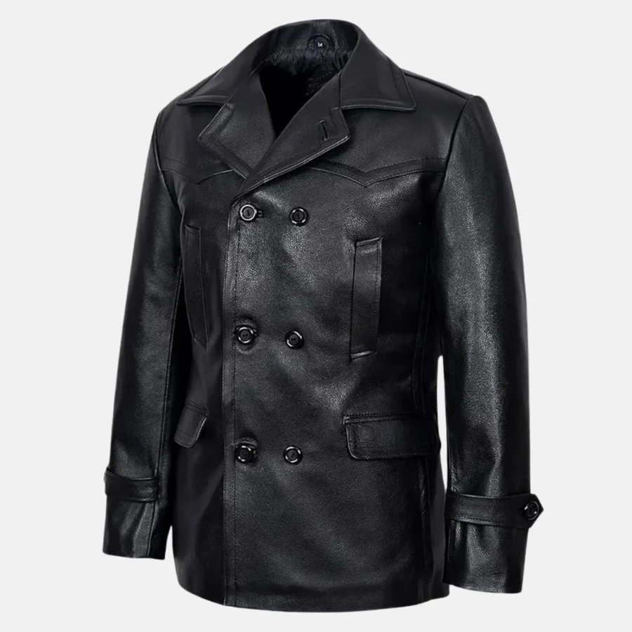 Brandon Men’s Black Double-Breasted Leather Peacoat for Winter