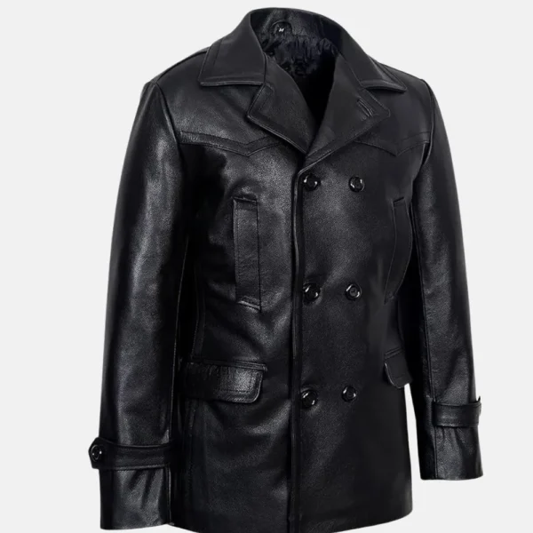 Brandon Men’s Black Double-Breasted Leather Peacoat for Winter