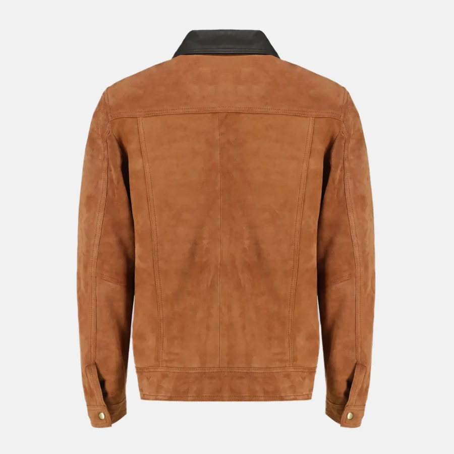 Brayden Men’s Cognac Suede Leather Trucker Jacket with Button Closure