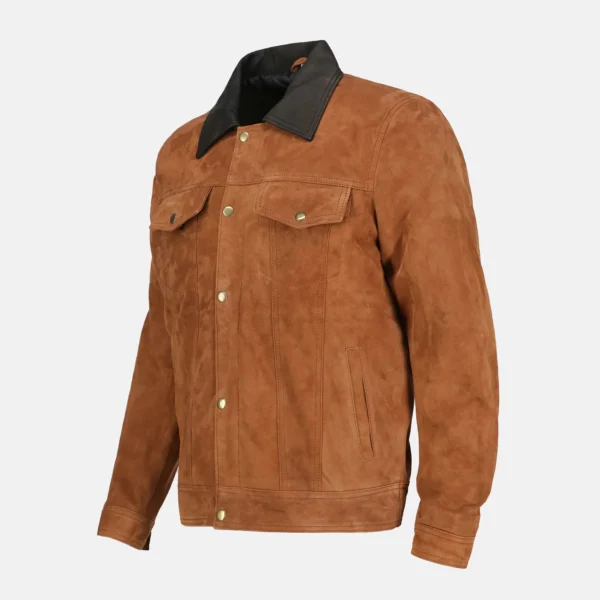 Brayden Men’s Cognac Suede Leather Trucker Jacket with Button Closure