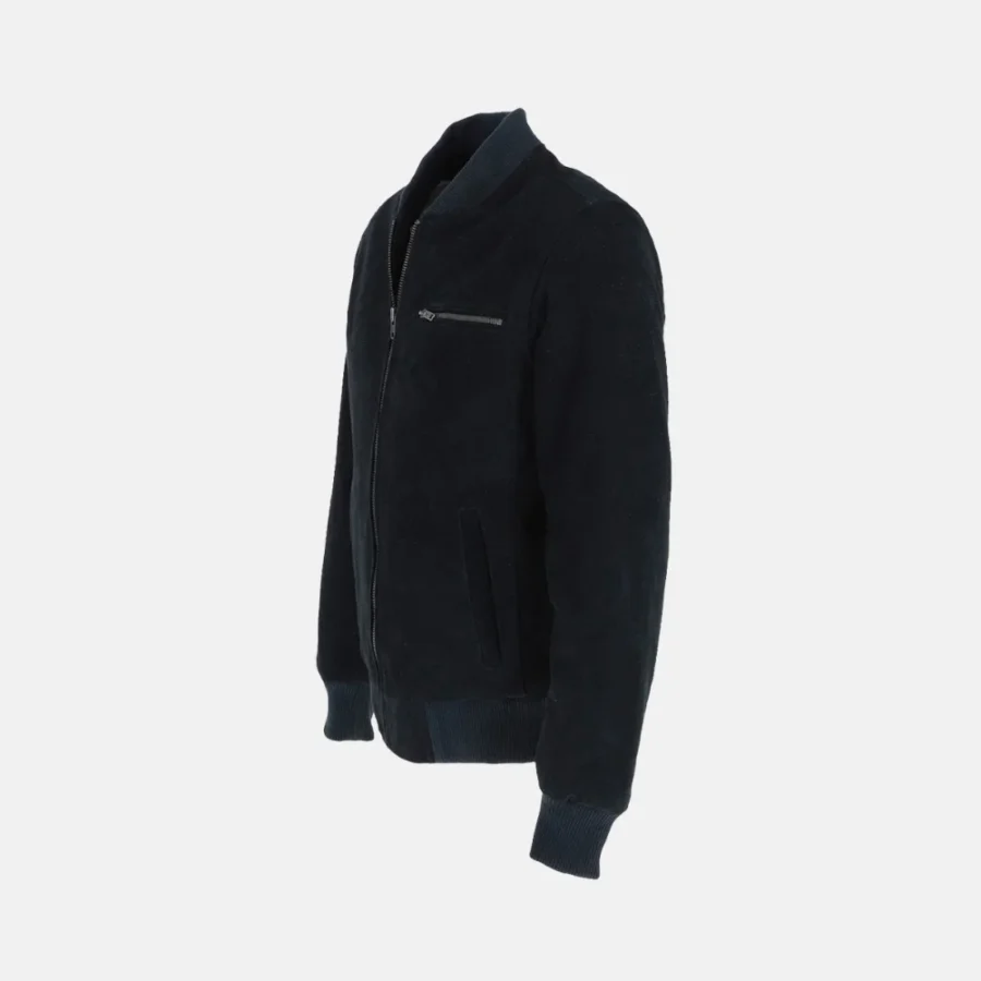 Cameron Men’s Navy Blue Bomber Suede Leather Jacket with Adjustable Cuffs