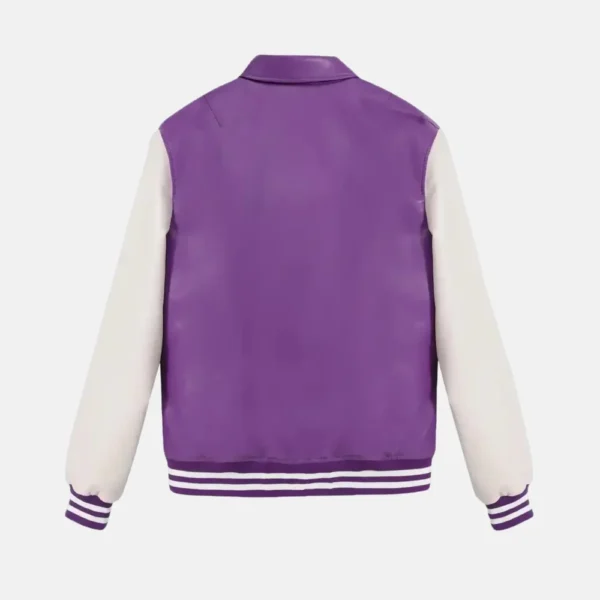 Zoe Women’s Purple and White Leather Varsity Jacket with Pockets