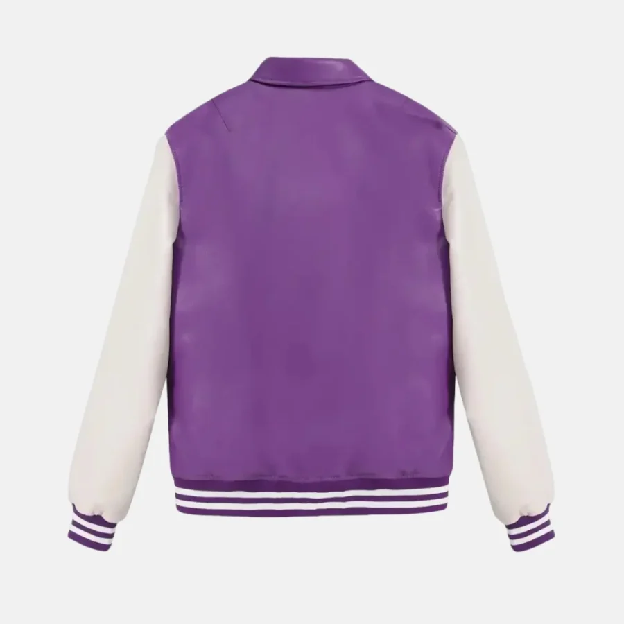 Zoe Women’s Purple and White Leather Varsity Jacket with Pockets