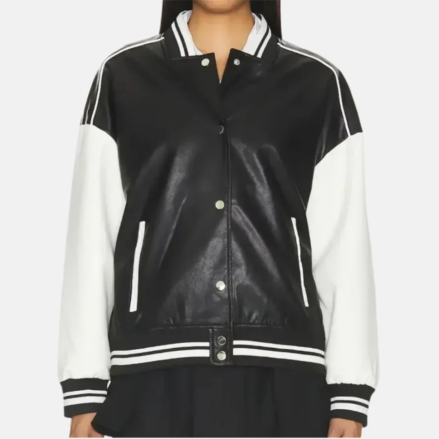 Charlotte Women’s Black and White Leather Varsity Jacket with Logo