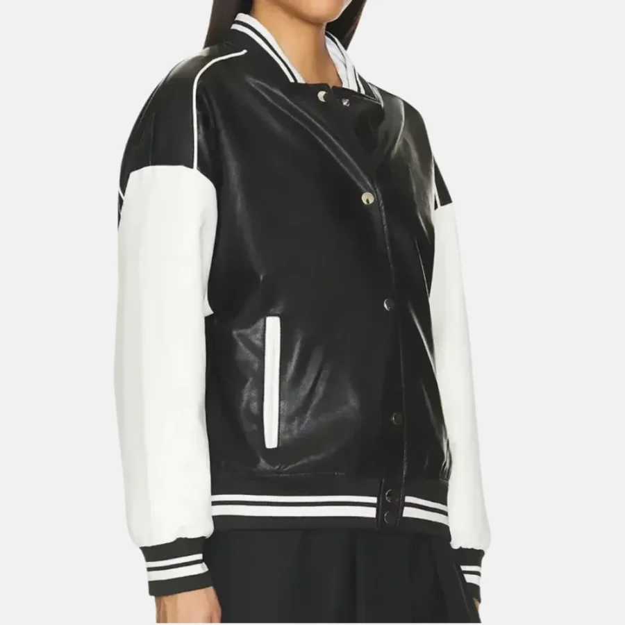 Charlotte Women’s Black and White Leather Varsity Jacket with Logo