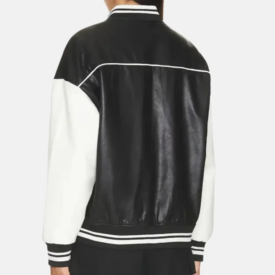 Charlotte Women’s Black and White Leather Varsity Jacket with Logo