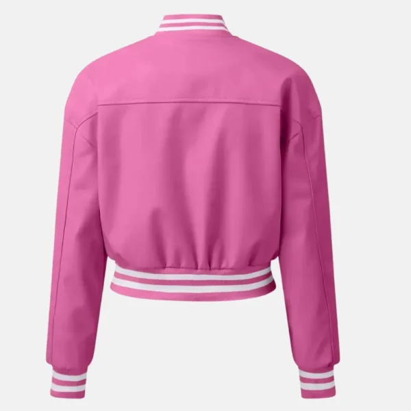 Chloe Women’s Pink Leather Varsity Jacket with Ribbed Sleeves