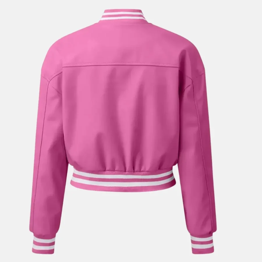 Chloe Women’s Pink Leather Varsity Jacket with Ribbed Sleeves