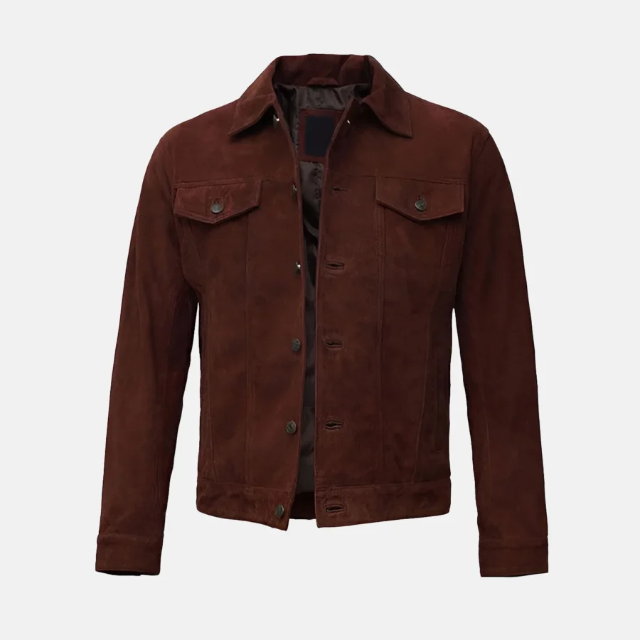 Dylan Men’s Dark Brown Suede Leather Trucker Jacket