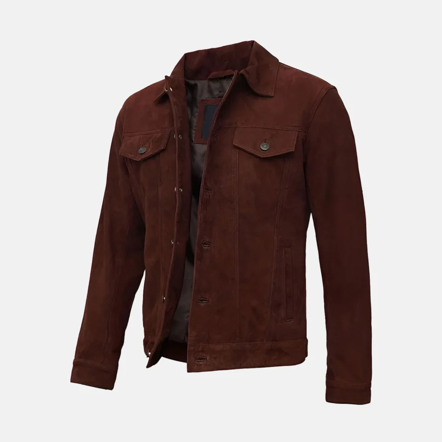 Dylan Men’s Dark Brown Suede Leather Trucker Jacket