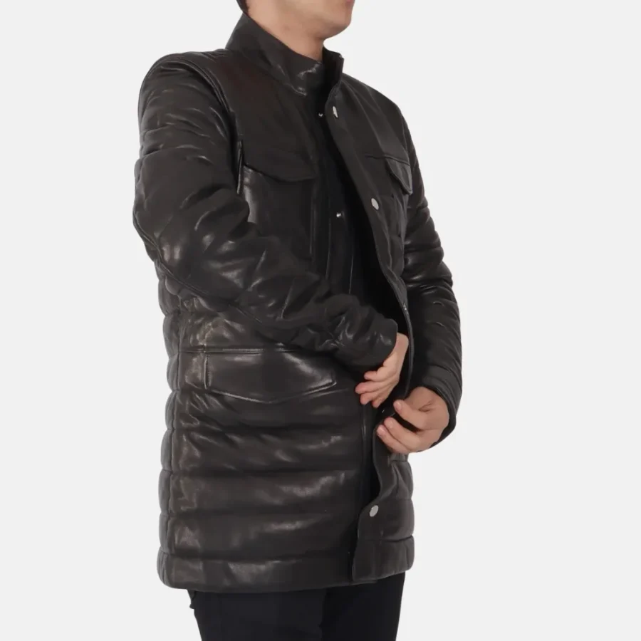 Eli Men’s Black Leather Puffer Jacket with Adjustable Waist