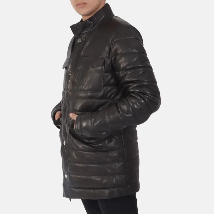 Eli Men’s Black Leather Puffer Jacket with Adjustable Waist
