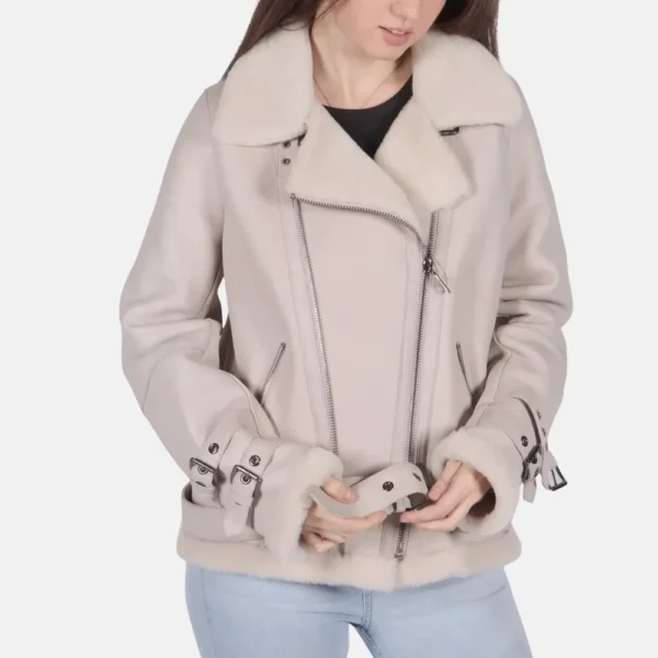 Ella Women’s White B-3 Bomber Leather Jacket with Wool Lining