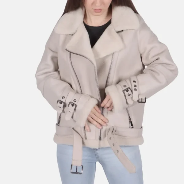 Ella Women’s White B-3 Bomber Leather Jacket with Wool Lining