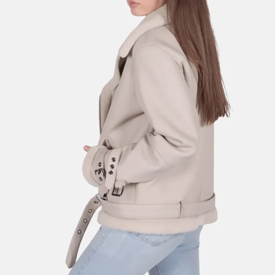 Ella Women’s White B-3 Bomber Leather Jacket with Wool Lining