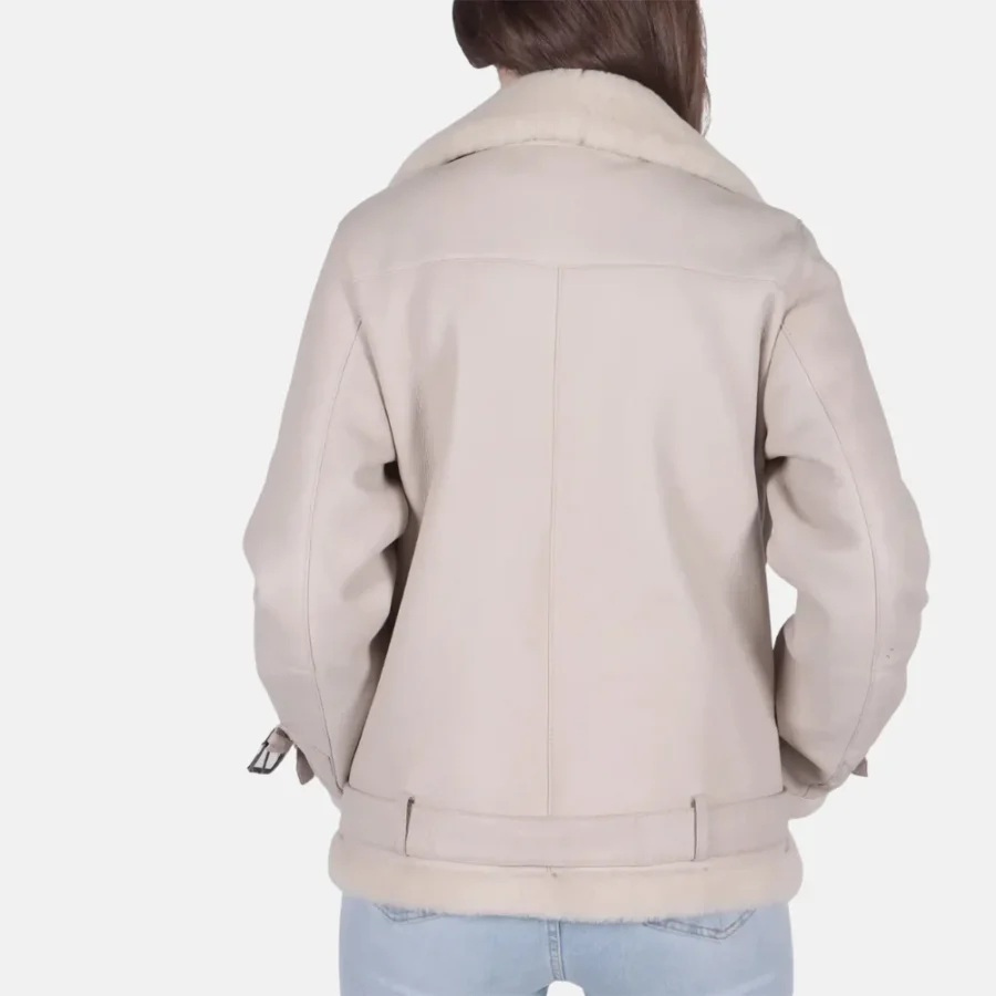 Ella Women’s White B-3 Bomber Leather Jacket with Wool Lining