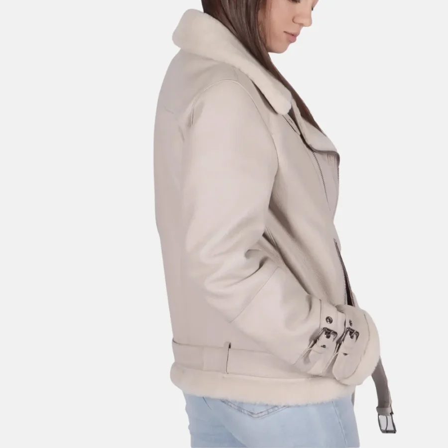 Ella Women’s White B-3 Bomber Leather Jacket with Wool Lining