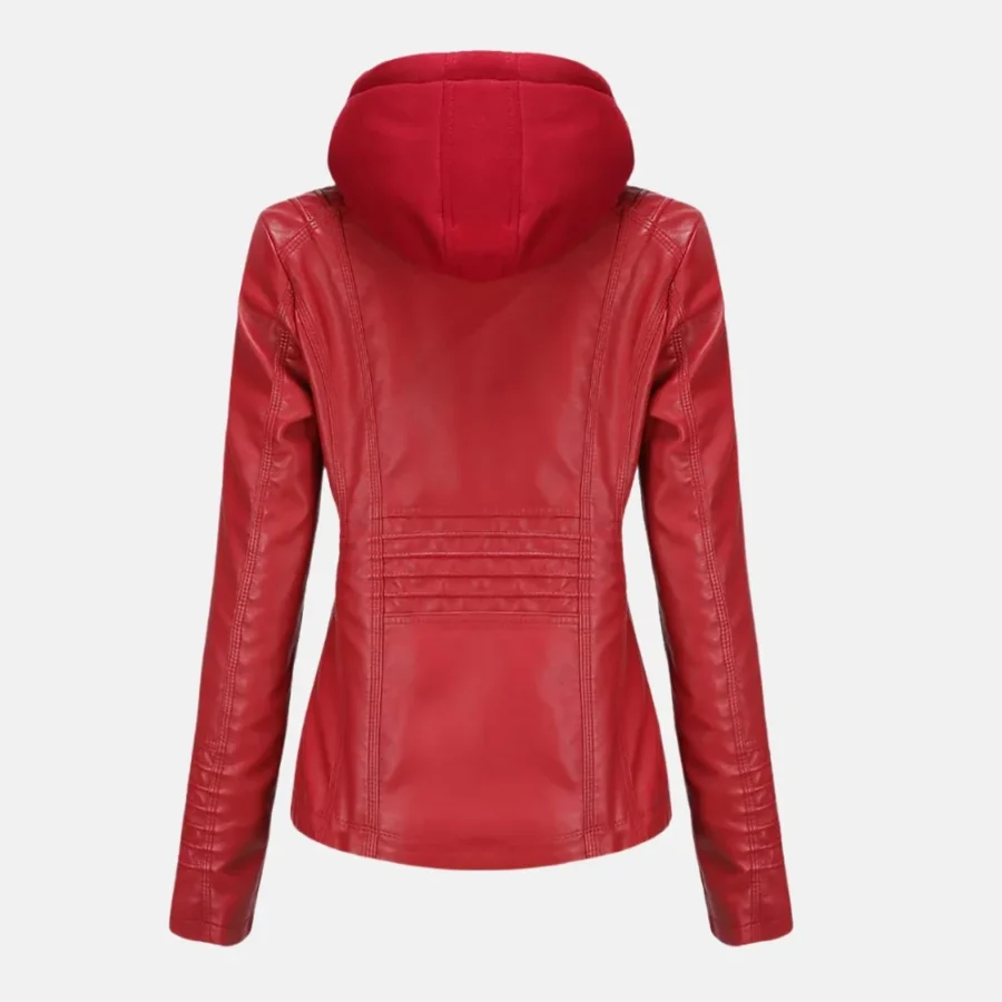 Emma Women’s Red Hooded Leather Jacket for Casual Fashion