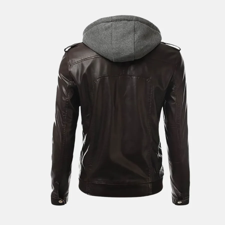 Gavin Men’s Brown Biker Hooded Leather Jacket with Adjustable Hood