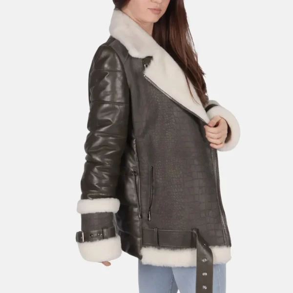 Harper Women’s Grey B-3 Bomber Leather Jacket with Faux Fur Collar