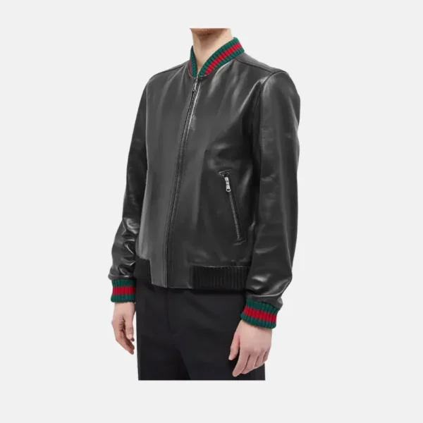Hunter Men’s Black Bomber Leather Jacket with Zip Closure