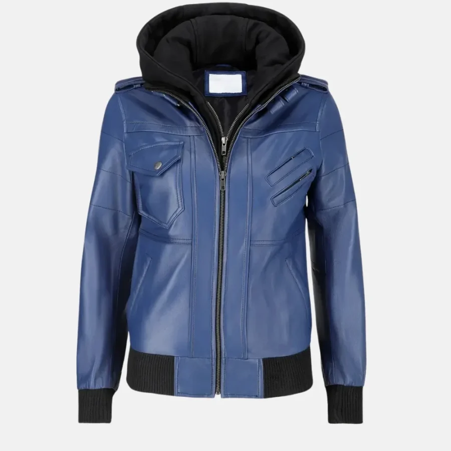 Isabella Women’s Blue Leather Bomber Jacket with Removable Hoodie