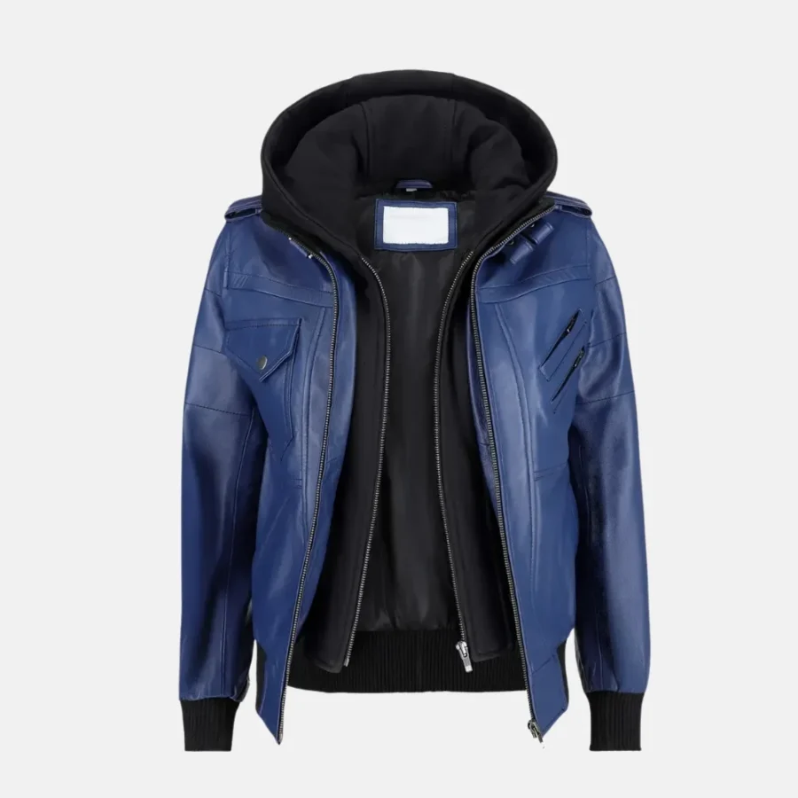 Isabella Women’s Blue Leather Bomber Jacket with Removable Hoodie