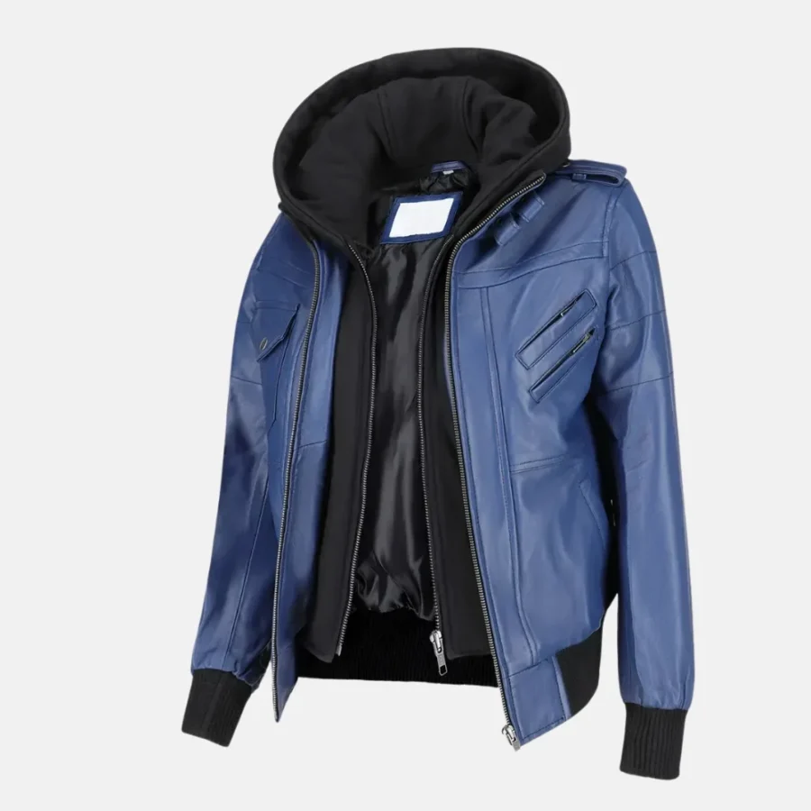 Isabella Women’s Blue Leather Bomber Jacket with Removable Hoodie
