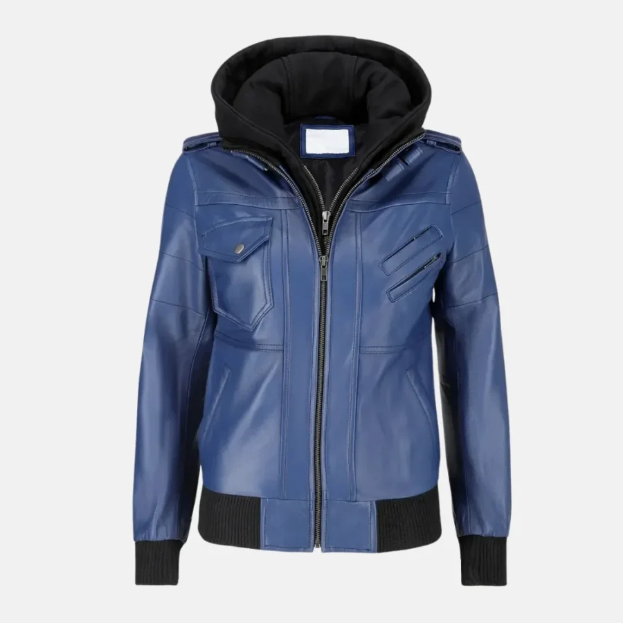 Isabella Women’s Blue Leather Bomber Jacket with Removable Hoodie