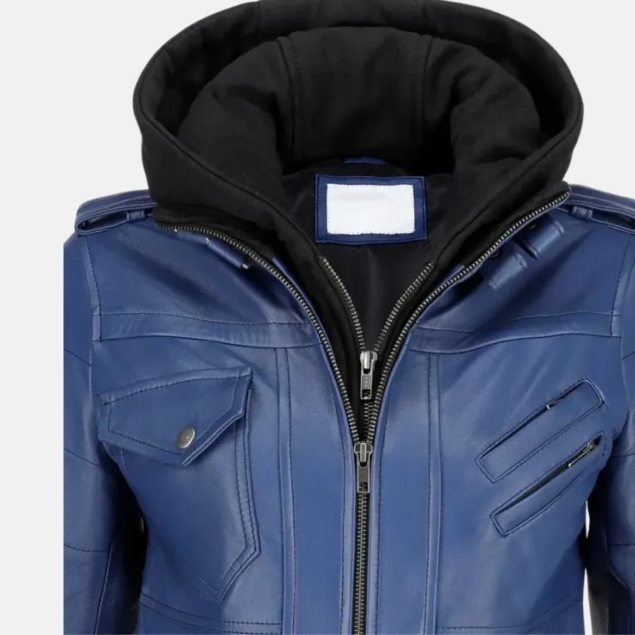Isabella Women’s Blue Leather Bomber Jacket with Removable Hoodie