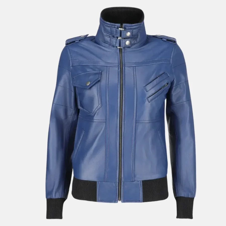 Isabella Women’s Blue Leather Bomber Jacket with Removable Hoodie
