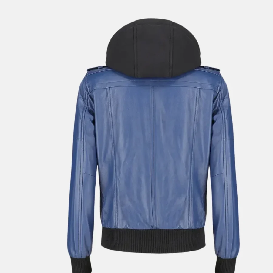 Isabella Women’s Blue Leather Bomber Jacket with Removable Hoodie