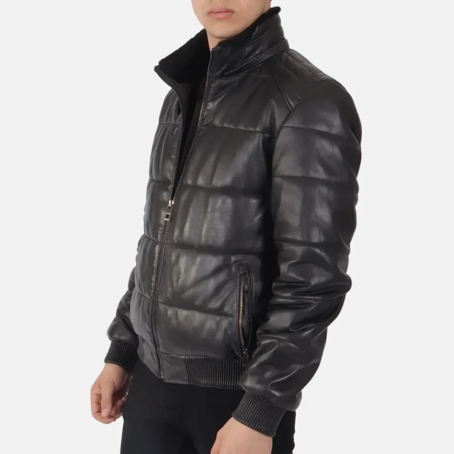Jacob Men’s Black Leather Puffer Jacket for Cold Weather