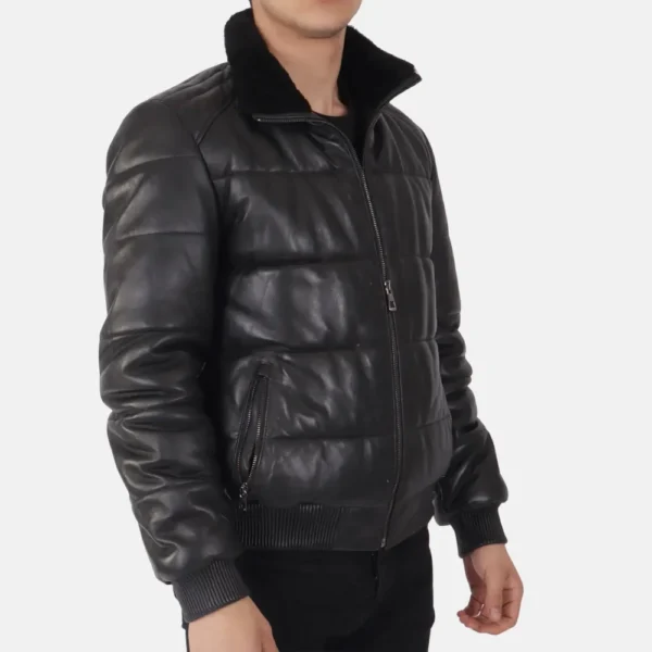 Jacob Men’s Black Leather Puffer Jacket for Cold Weather