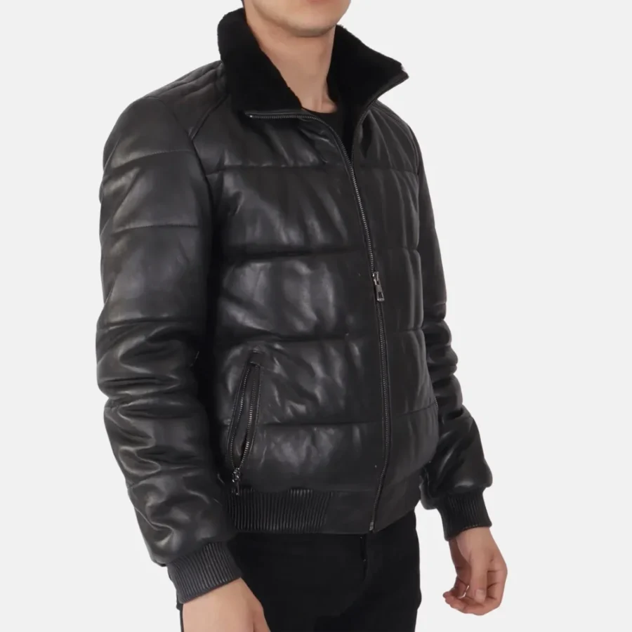 Jacob Men’s Black Leather Puffer Jacket for Cold Weather