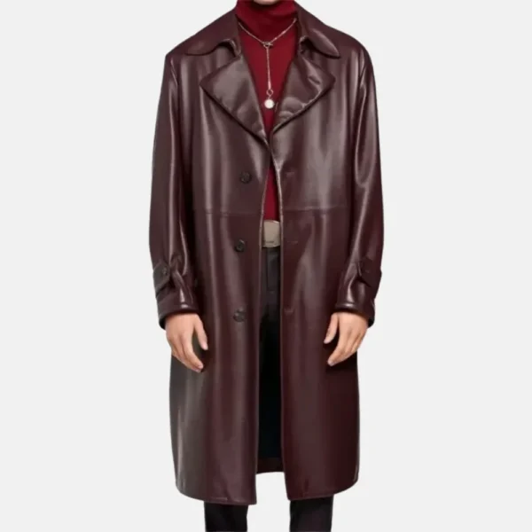 Jude Men’s Burgundy Leather Trench Coat for Fashionable Look