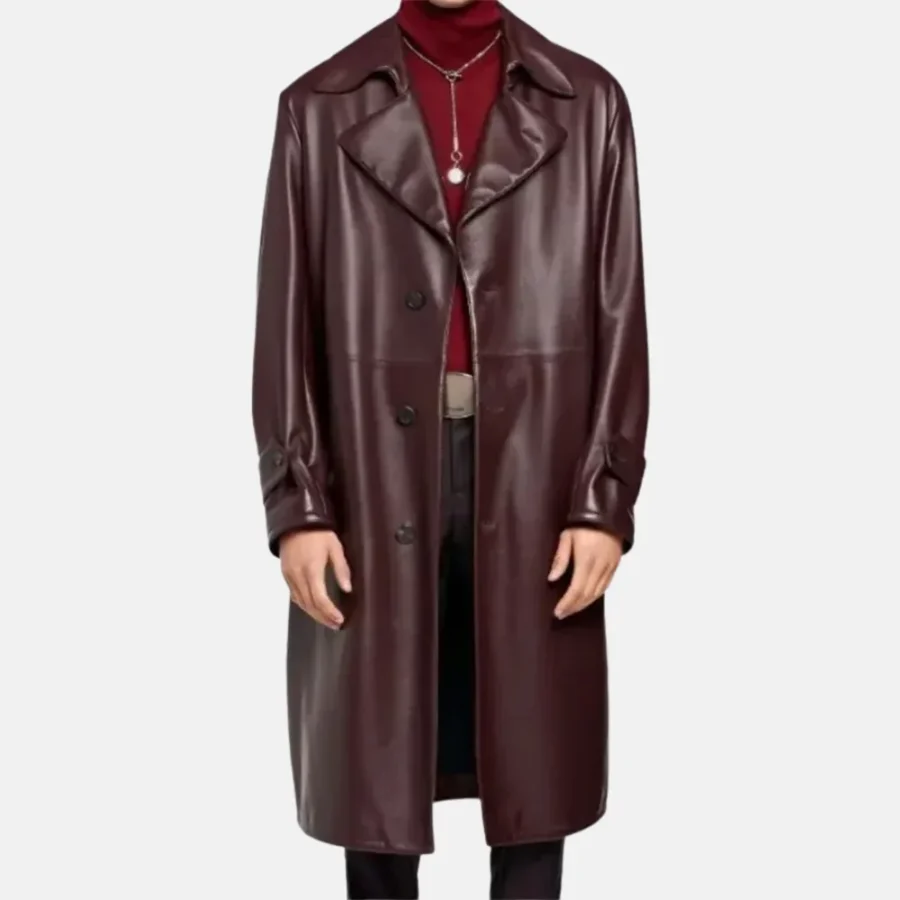 Jude Men’s Burgundy Leather Trench Coat for Fashionable Look