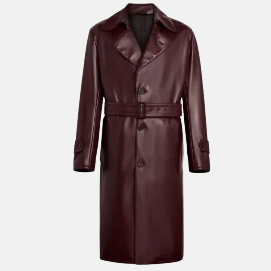 Jude Men’s Burgundy Leather Trench Coat for Fashionable Look