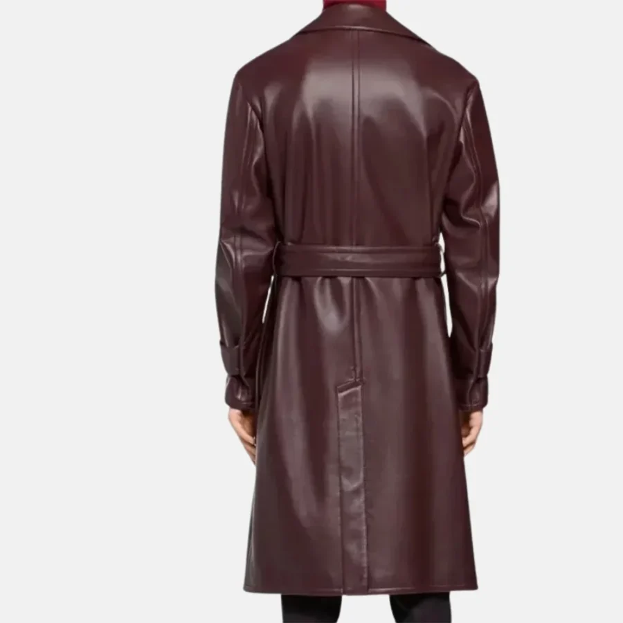 Jude Men’s Burgundy Leather Trench Coat for Fashionable Look