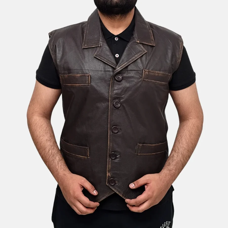 Liam Men’s Dark Brown Vintage Leather Vest with Two Pockets